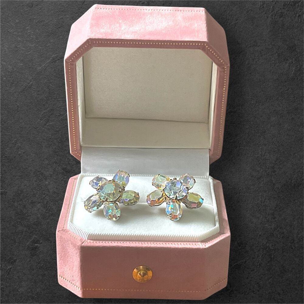 Vintage Weiss Flower Earrings Prong Set AB Crystal Clip On Aurora Borealis - Picture 11 of 13